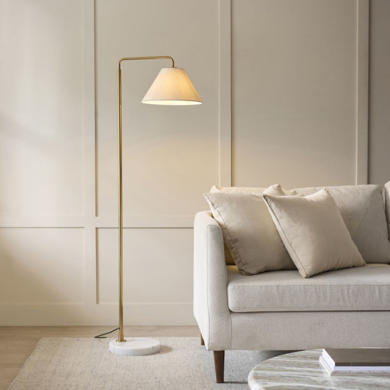 Endon-120743 - Wallbridge - Brushed Aged Brass & Marble Floor Lamp with Natural Linen Shade