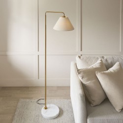 Wallbridge - Brushed Aged Brass & Marble Floor Lamp with Natural Linen Shade