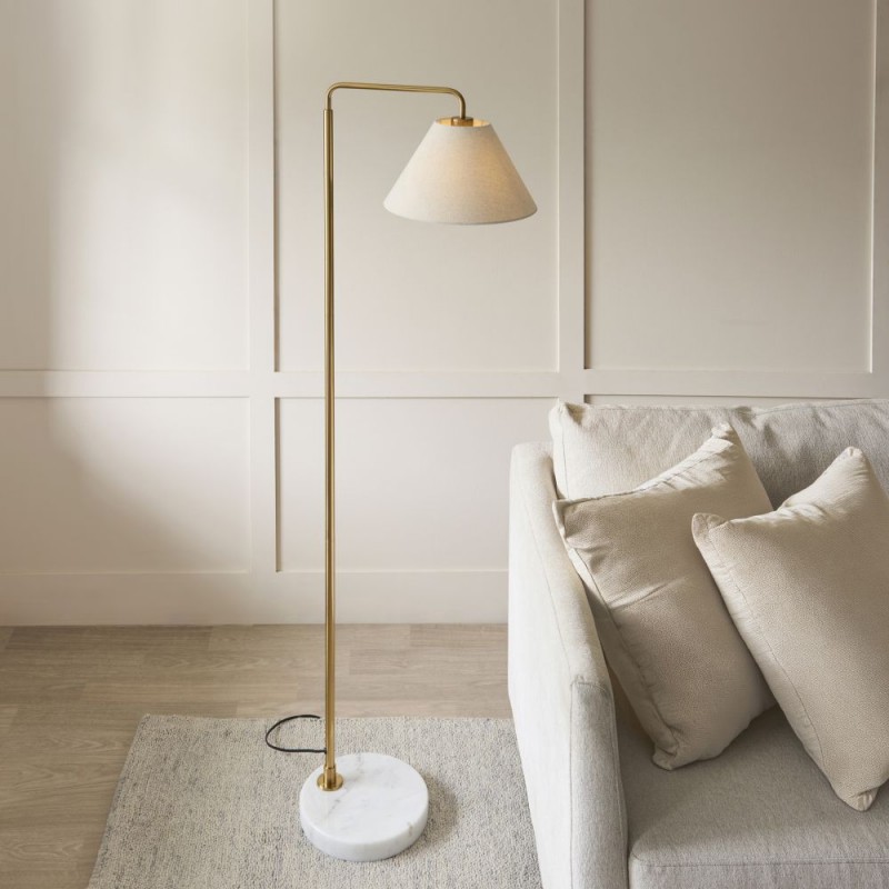 Endon-120743 - Wallbridge - Brushed Aged Brass & Marble Floor Lamp with Natural Linen Shade