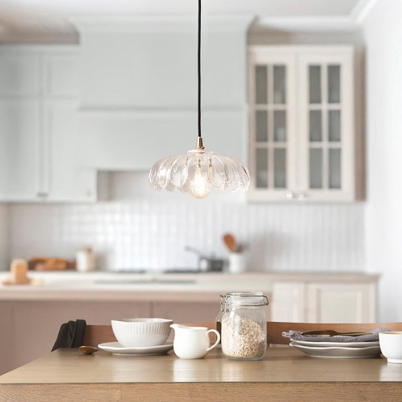 Endon-120752 - Eltham & Camellia - Brushed Aged Brass Pendant with Decorative Glass