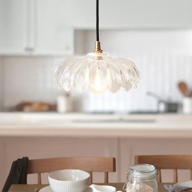 Endon-120752 - Eltham & Camellia - Brushed Aged Brass Pendant with Decorative Glass