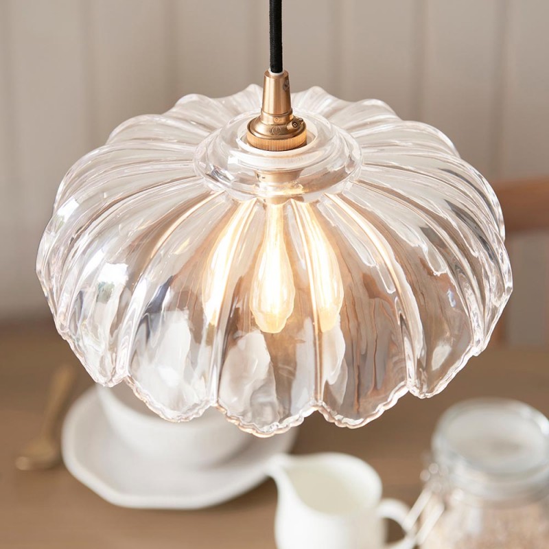 Endon-120752 - Eltham & Camellia - Brushed Aged Brass Pendant with Decorative Glass