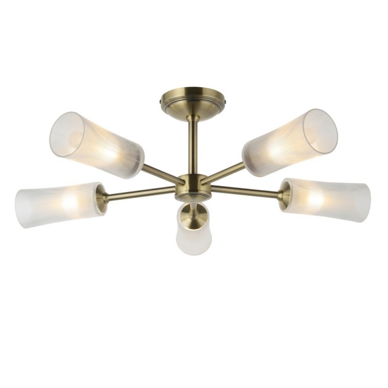 Endon-120757 - Avelyn - Antique Brass 5 Light Semi Flush with Frosted & Clear Ribbed Glass