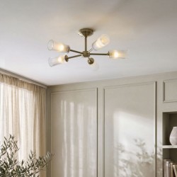 Avelyn - Antique Brass 5 Light Semi Flush with Frosted & Clear Ribbed Glass