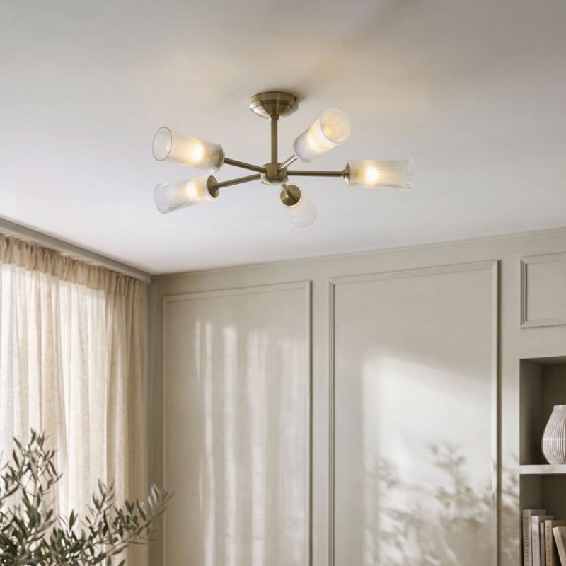 Endon-120757 - Avelyn - Antique Brass 5 Light Semi Flush with Frosted & Clear Ribbed Glass