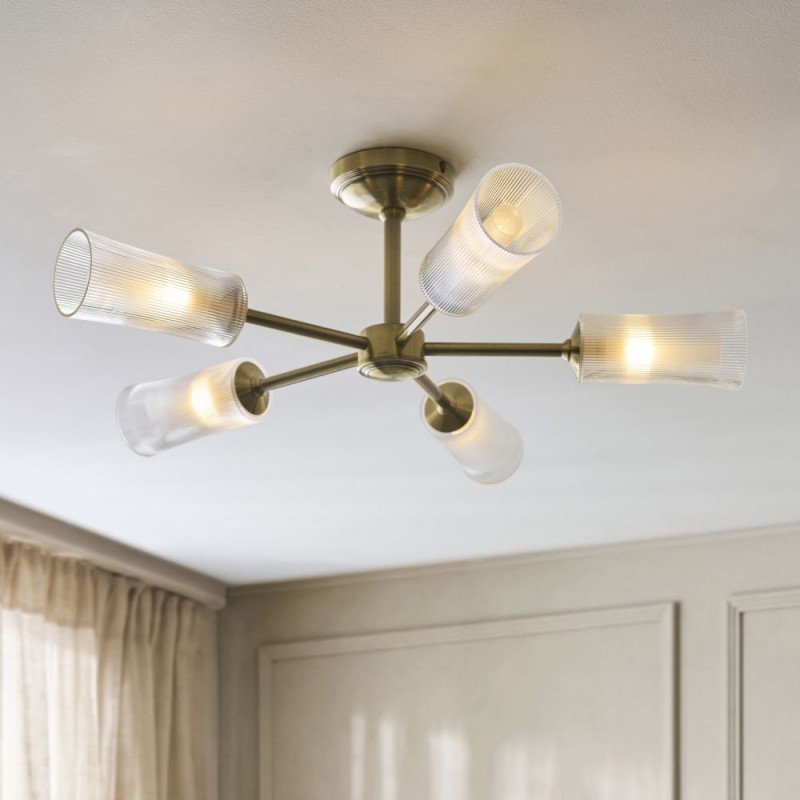 Endon-120757 - Avelyn - Antique Brass 5 Light Semi Flush with Frosted & Clear Ribbed Glass