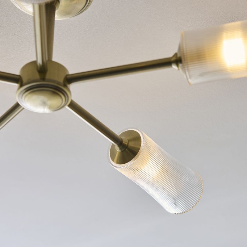 Endon-120757 - Avelyn - Antique Brass 5 Light Semi Flush with Frosted & Clear Ribbed Glass