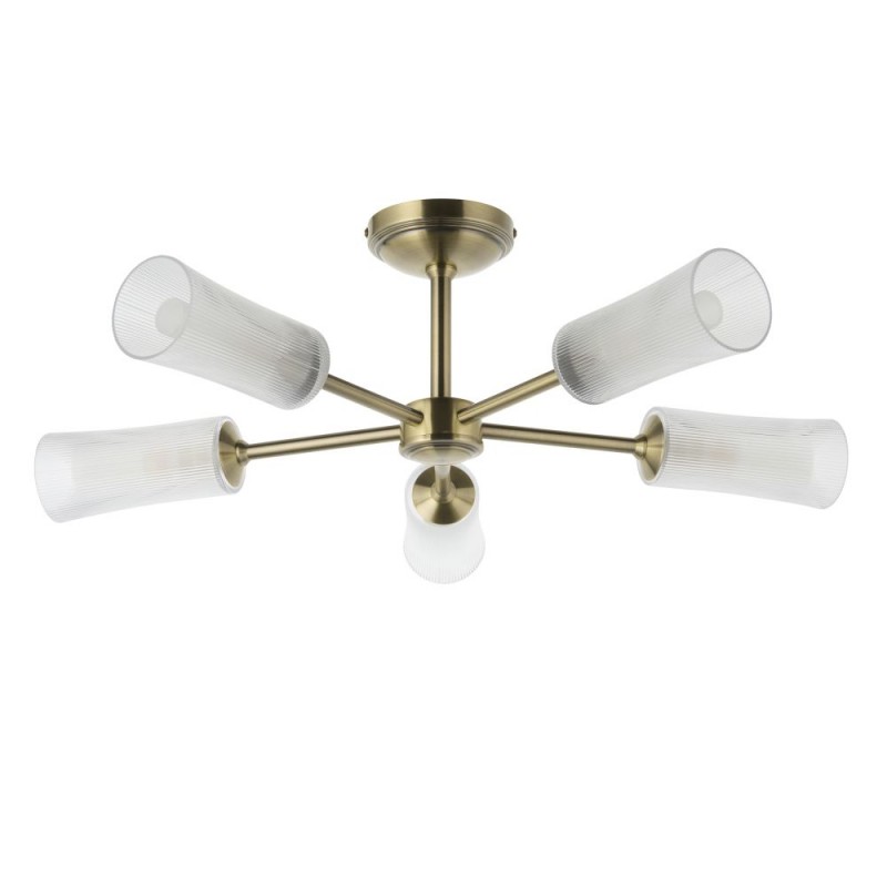 Endon-120757 - Avelyn - Antique Brass 5 Light Semi Flush with Frosted & Clear Ribbed Glass