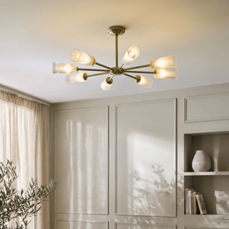 Endon-120758 - Avelyn - Antique Brass 8 Light Centre Fitting with Frosted & Clear Ribbed Glass