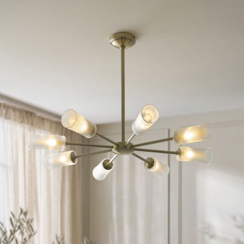 Endon-120758 - Avelyn - Antique Brass 8 Light Centre Fitting with Frosted & Clear Ribbed Glass