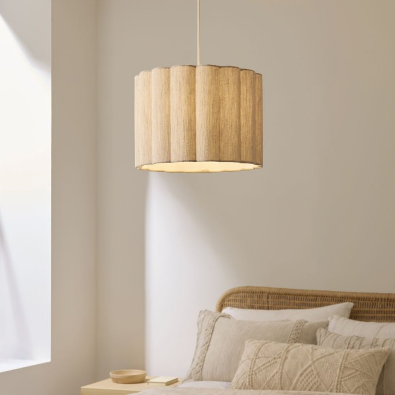 Endon-120762 - Olson - Wooden Pendant with Scalloped Natural Fabric Shade