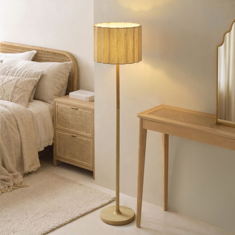 Endon-120763 - Olson - Wooden Floor Lamp with Scalloped Natural Fabric Shade
