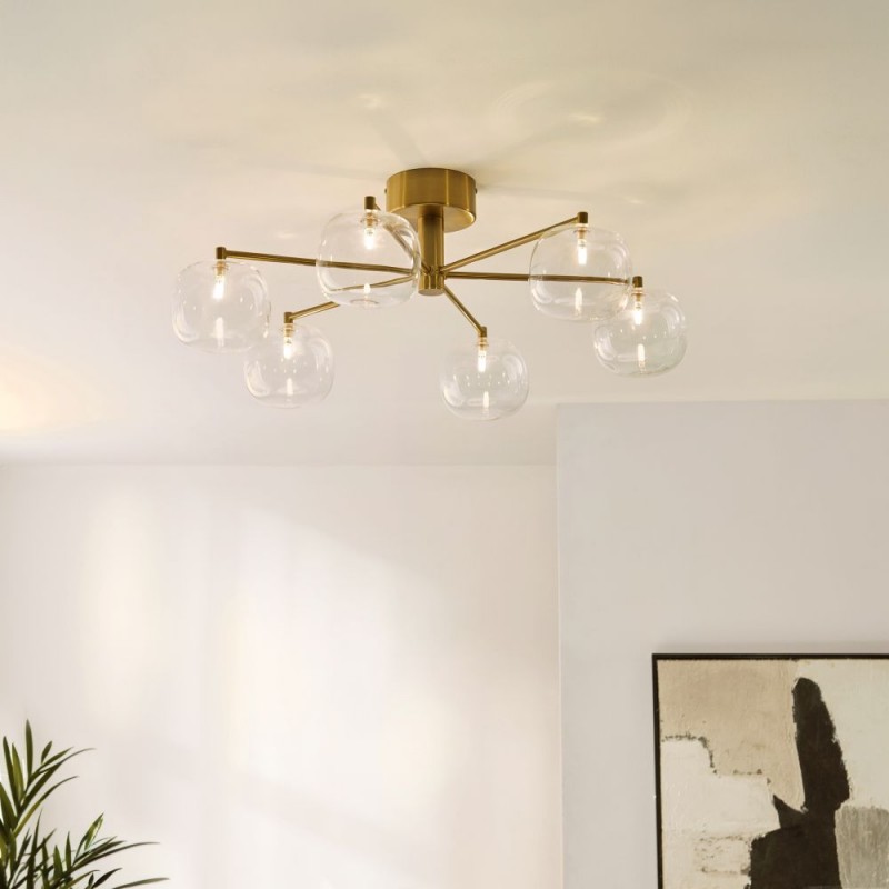 Endon-120831 - Oslo - Brushed Aged Brass 6 Light Semi Flush with Clear Glass