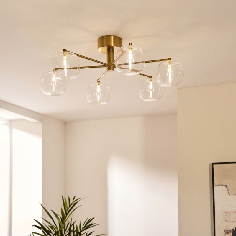 Endon-120831 - Oslo - Brushed Aged Brass 6 Light Semi Flush with Clear Glass