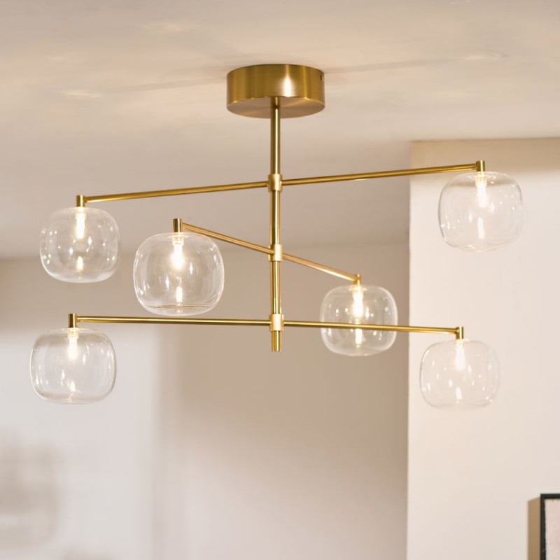Endon-120832 - Oslo - Brushed Aged Brass 6 Light Semi Flush with Clear Glass
