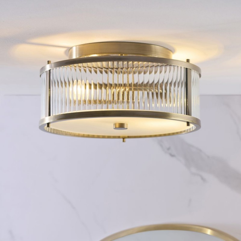 Endon-120847 - Ridgeton - Antique Brass Flush with Ribbed Glass & Diffuser IP44
