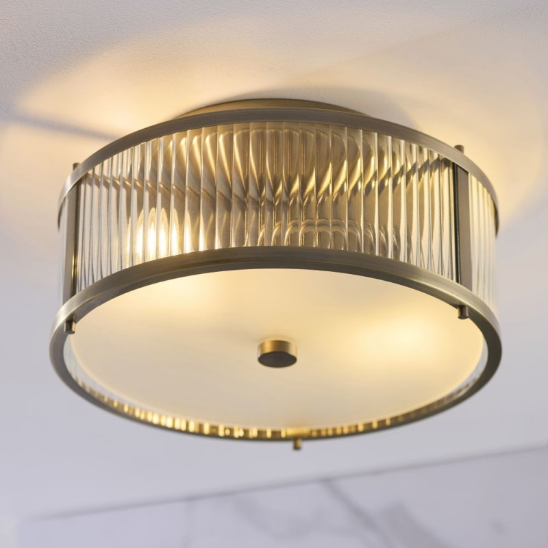 Endon-120847 - Ridgeton - Antique Brass Flush with Ribbed Glass & Diffuser IP44