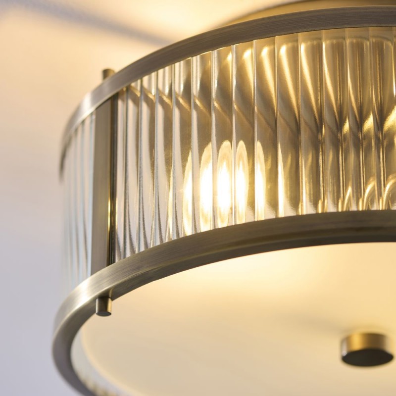 Endon-120847 - Ridgeton - Antique Brass Flush with Ribbed Glass & Diffuser IP44
