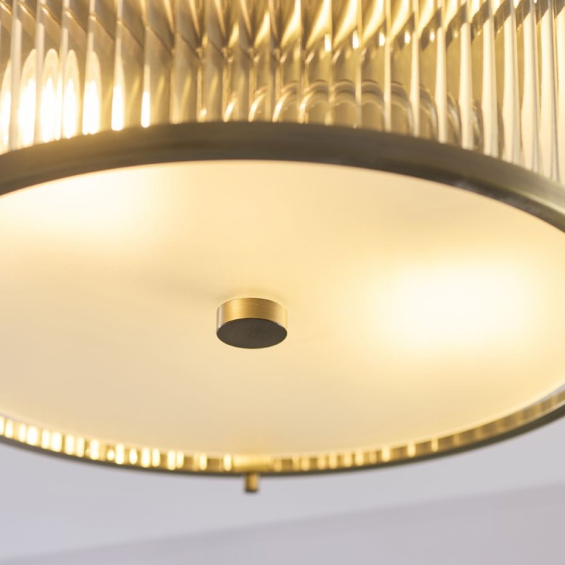 Endon-120847 - Ridgeton - Antique Brass Flush with Ribbed Glass & Diffuser IP44