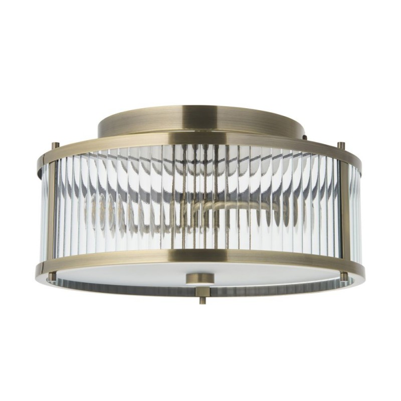 Endon-120847 - Ridgeton - Antique Brass Flush with Ribbed Glass & Diffuser IP44