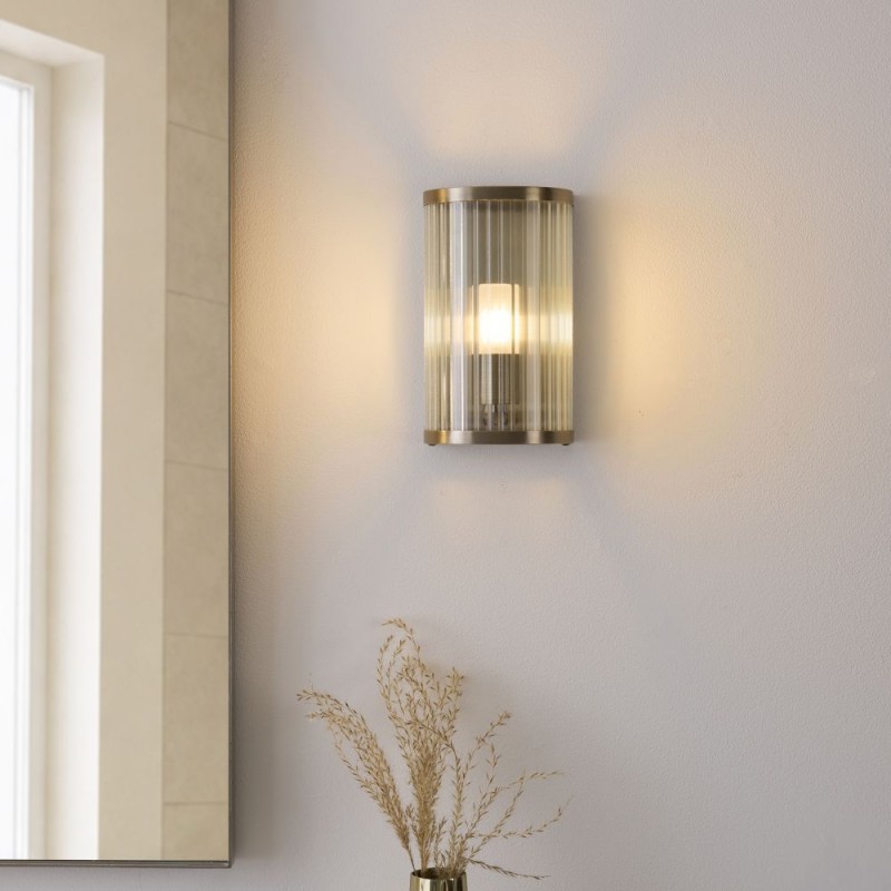 Endon-120851 - Ridgeton - Antique Brass Wall Lamp with Ribbed Glass & Diffuser IP44
