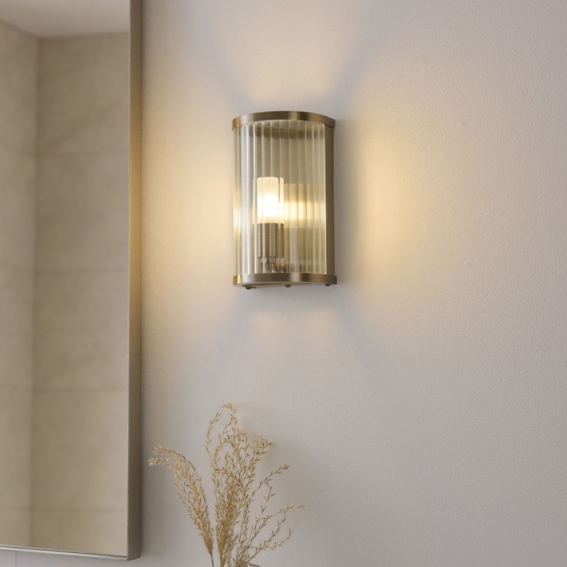 Endon-120851 - Ridgeton - Antique Brass Wall Lamp with Ribbed Glass & Diffuser IP44