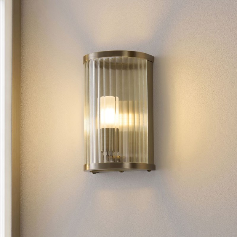 Endon-120851 - Ridgeton - Antique Brass Wall Lamp with Ribbed Glass & Diffuser IP44