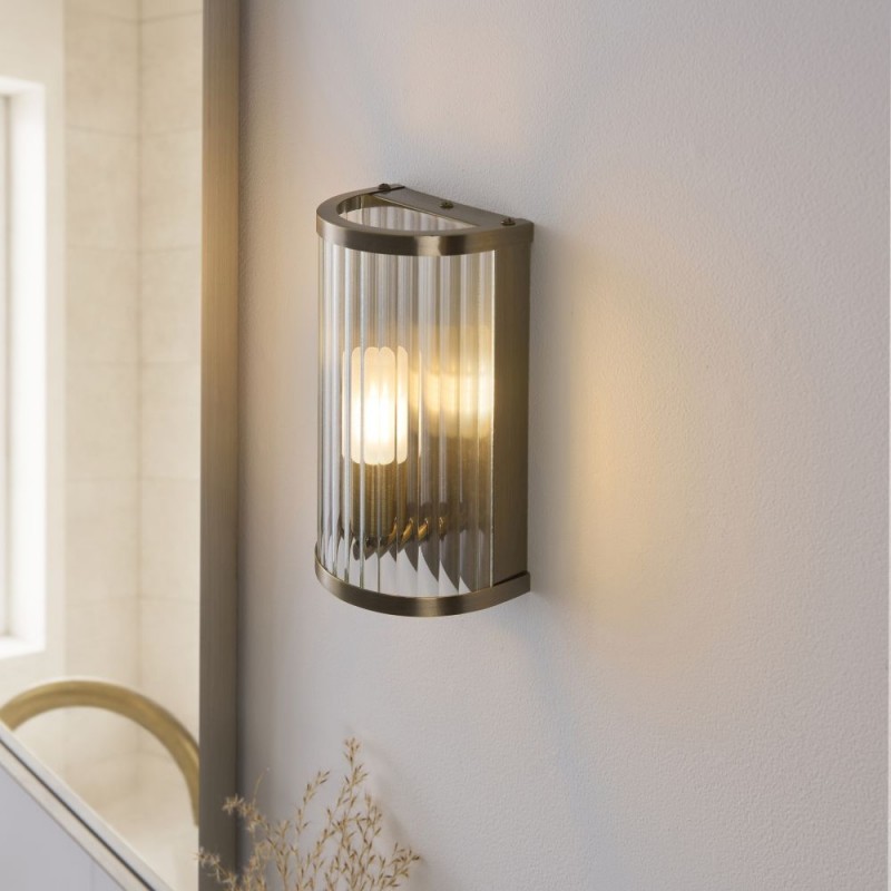 Endon-120851 - Ridgeton - Antique Brass Wall Lamp with Ribbed Glass & Diffuser IP44