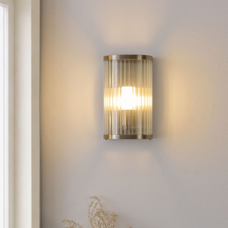 Endon-120851 - Ridgeton - Antique Brass Wall Lamp with Ribbed Glass & Diffuser IP44