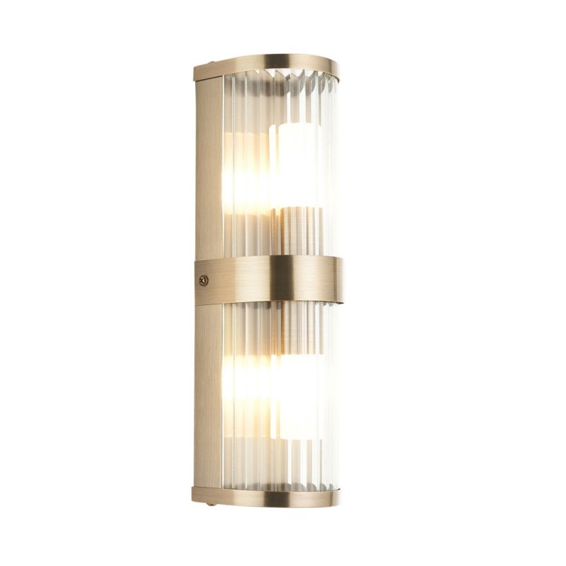 Endon-120853 - Ridgeton - Antique Brass 2 Light Wall Lamp with Ribbed Glass & Diffuser IP44
