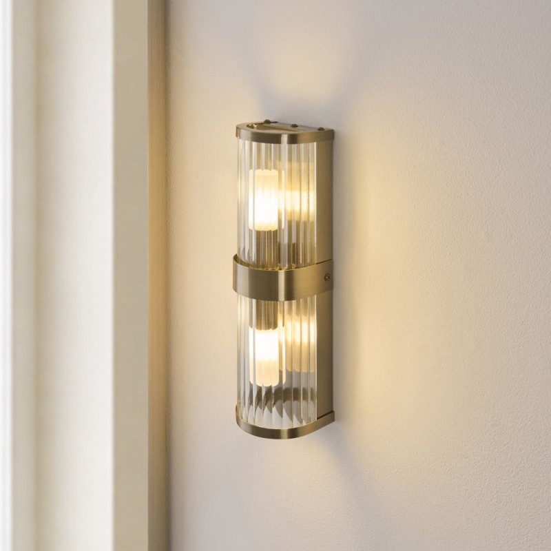 Endon-120853 - Ridgeton - Antique Brass 2 Light Wall Lamp with Ribbed Glass & Diffuser IP44