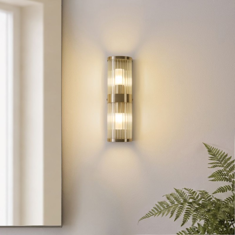 Endon-120853 - Ridgeton - Antique Brass 2 Light Wall Lamp with Ribbed Glass & Diffuser IP44