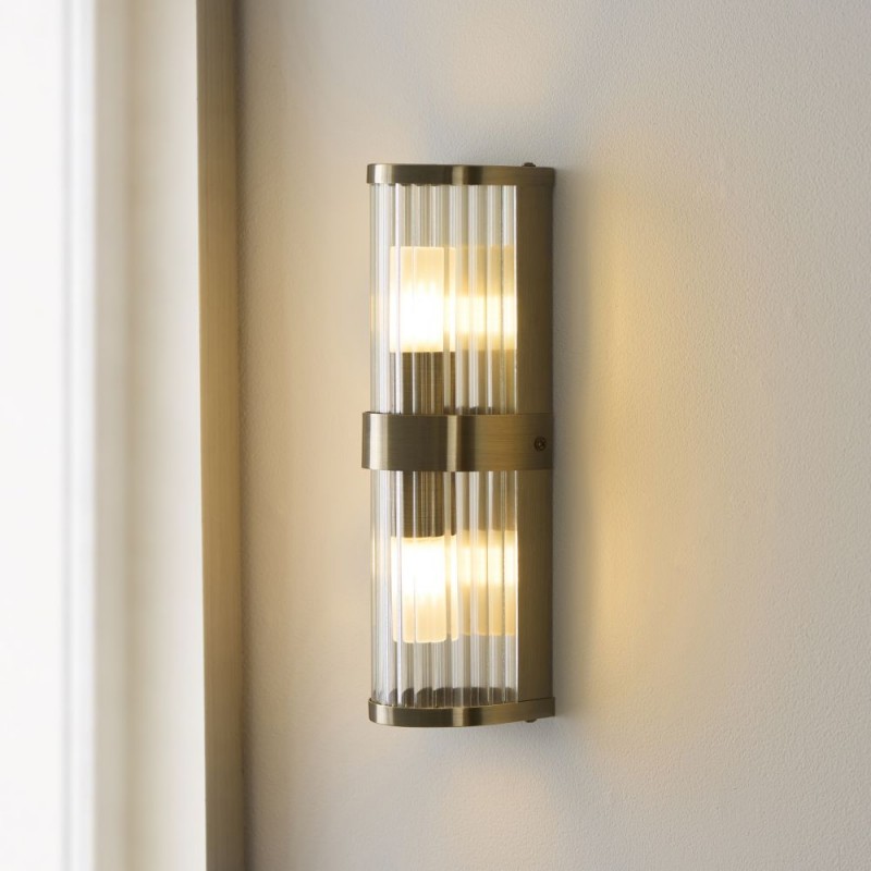 Endon-120853 - Ridgeton - Antique Brass 2 Light Wall Lamp with Ribbed Glass & Diffuser IP44