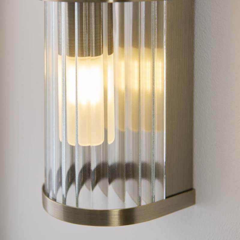 Endon-120853 - Ridgeton - Antique Brass 2 Light Wall Lamp with Ribbed Glass & Diffuser IP44