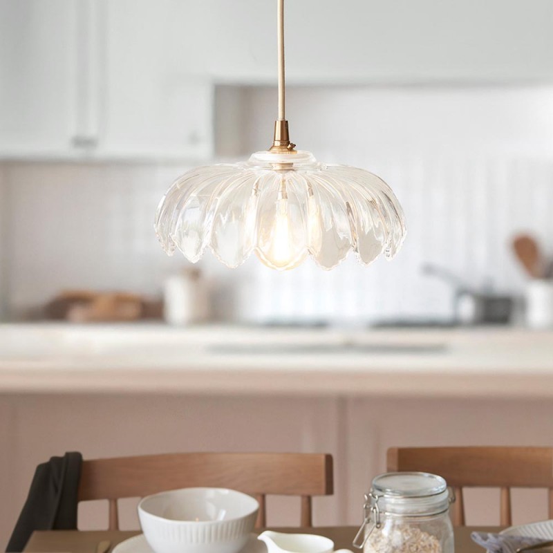 Endon-121005 - Eltham & Camellia - Brushed Aged Brass Pendant with Decorative Glass