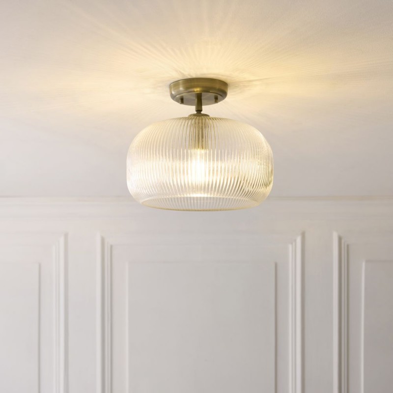 Endon-121209 - Harborne - Antique Brass Semi Flush with Clear Ribbed Glass
