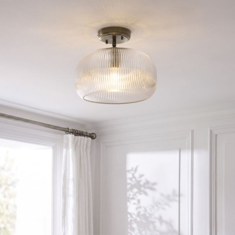 Endon-121209 - Harborne - Antique Brass Semi Flush with Clear Ribbed Glass