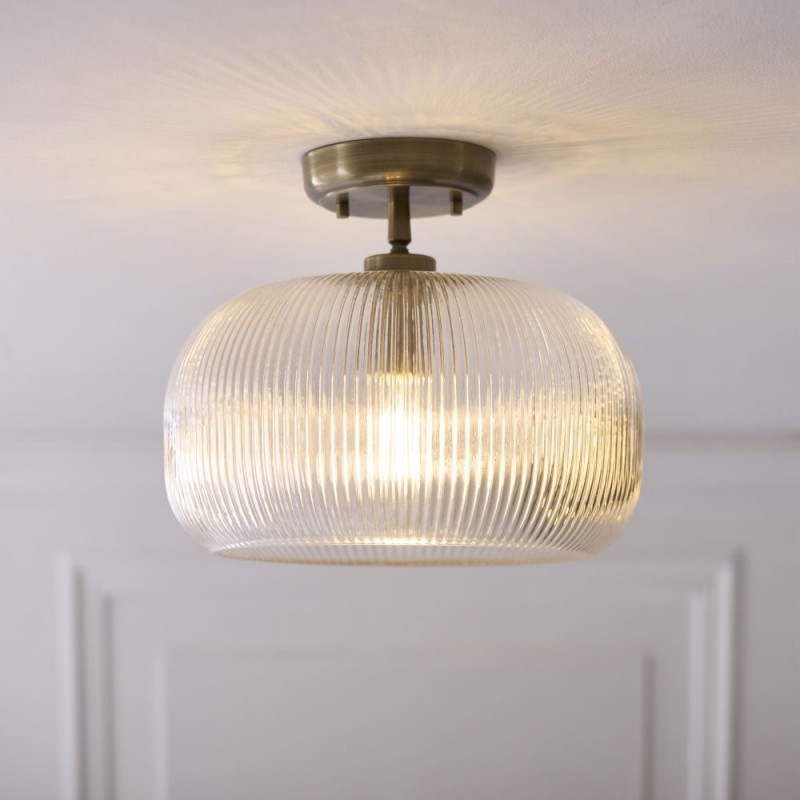Endon-121209 - Harborne - Antique Brass Semi Flush with Clear Ribbed Glass