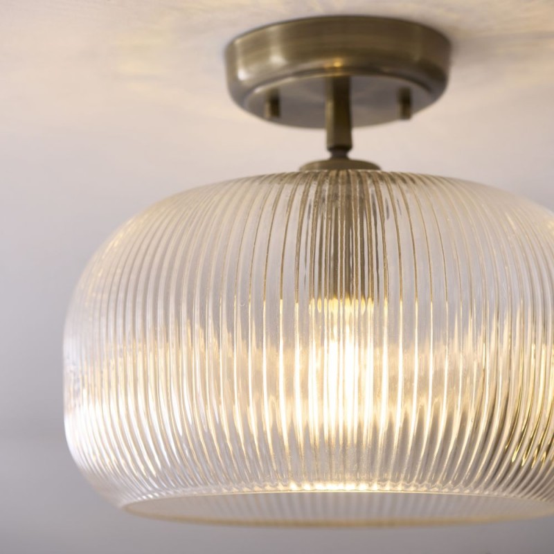 Endon-121209 - Harborne - Antique Brass Semi Flush with Clear Ribbed Glass