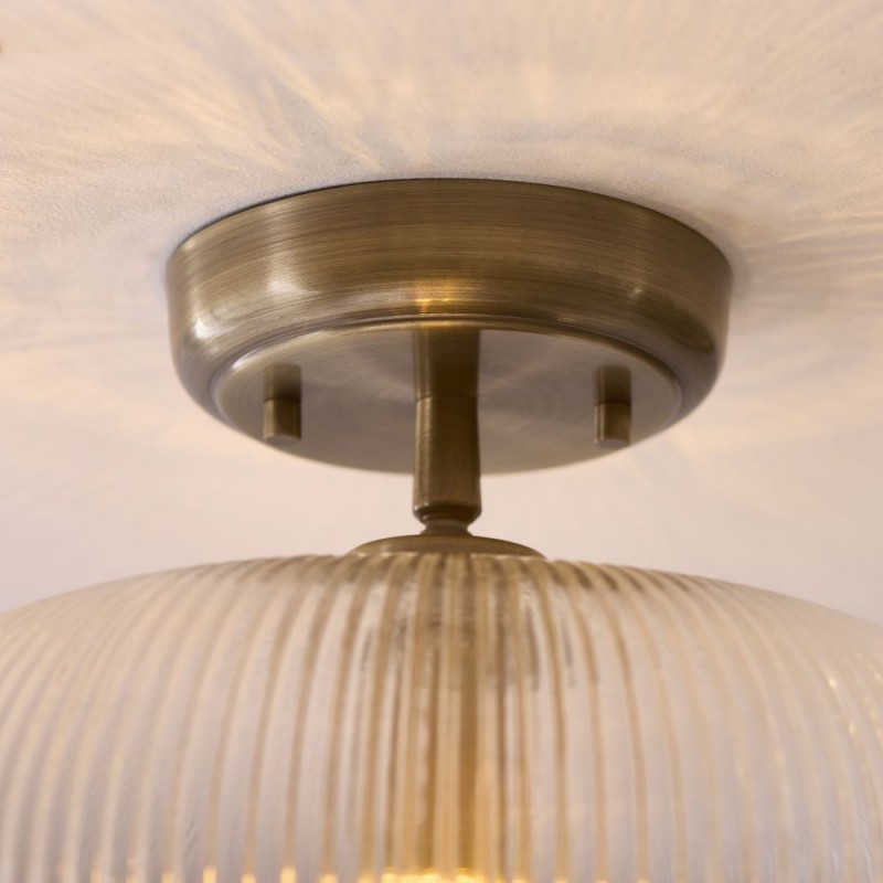 Endon-121209 - Harborne - Antique Brass Semi Flush with Clear Ribbed Glass