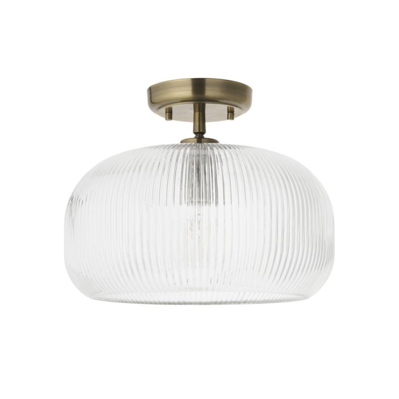 Endon-121209 - Harborne - Antique Brass Semi Flush with Clear Ribbed Glass