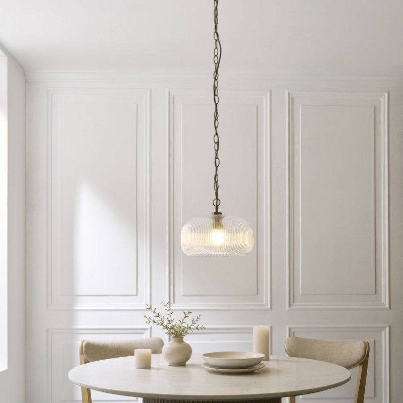 Endon-121210 - Harborne - Antique Brass Pendant with Clear Ribbed Glass