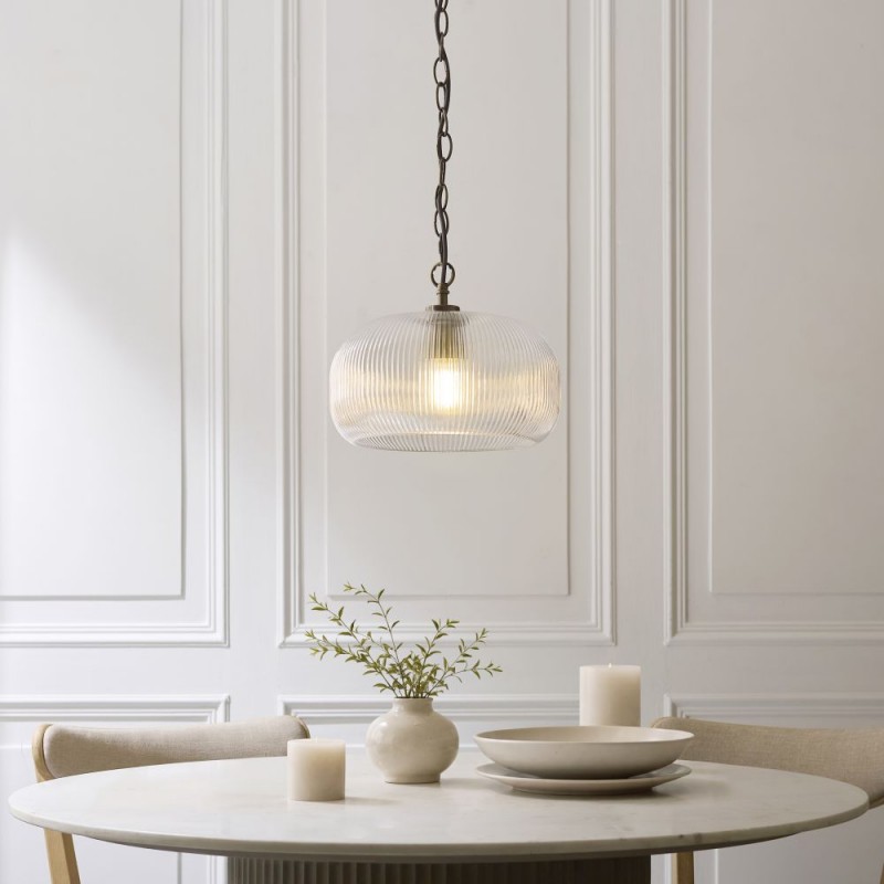 Endon-121210 - Harborne - Antique Brass Pendant with Clear Ribbed Glass