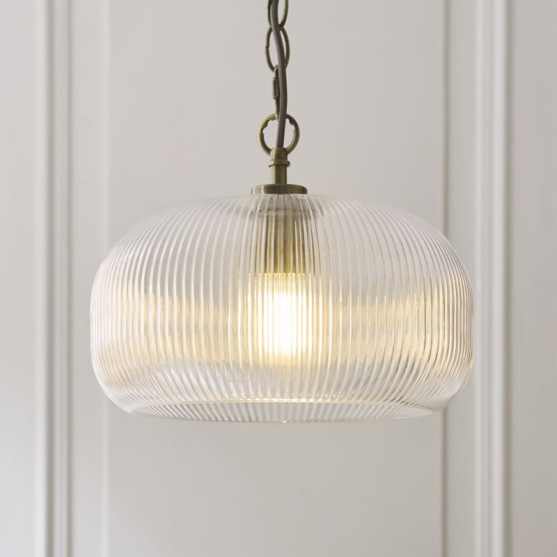 Endon-121210 - Harborne - Antique Brass Pendant with Clear Ribbed Glass