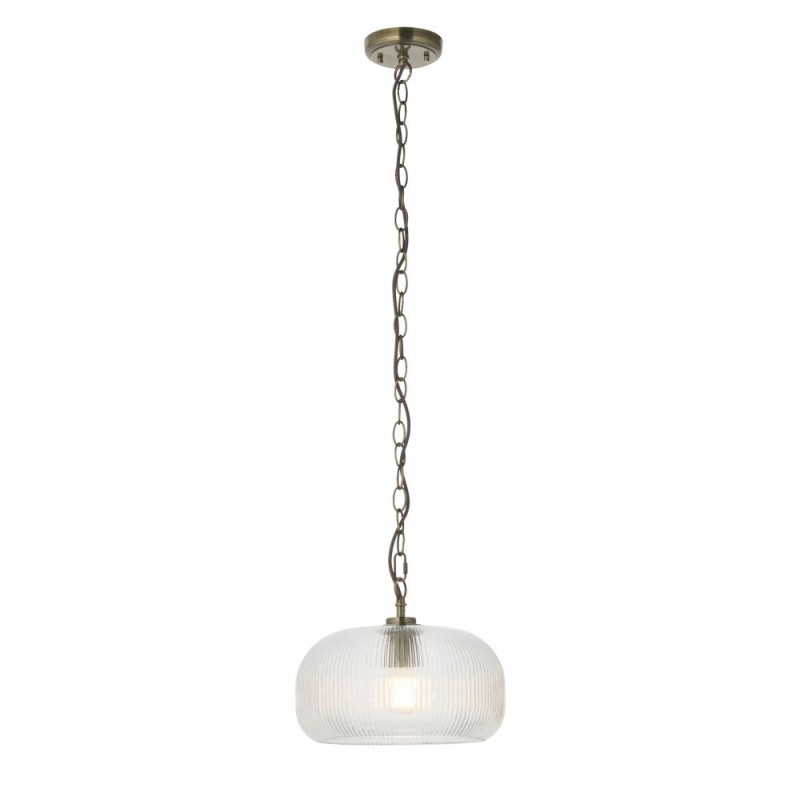 Endon-121210 - Harborne - Antique Brass Pendant with Clear Ribbed Glass