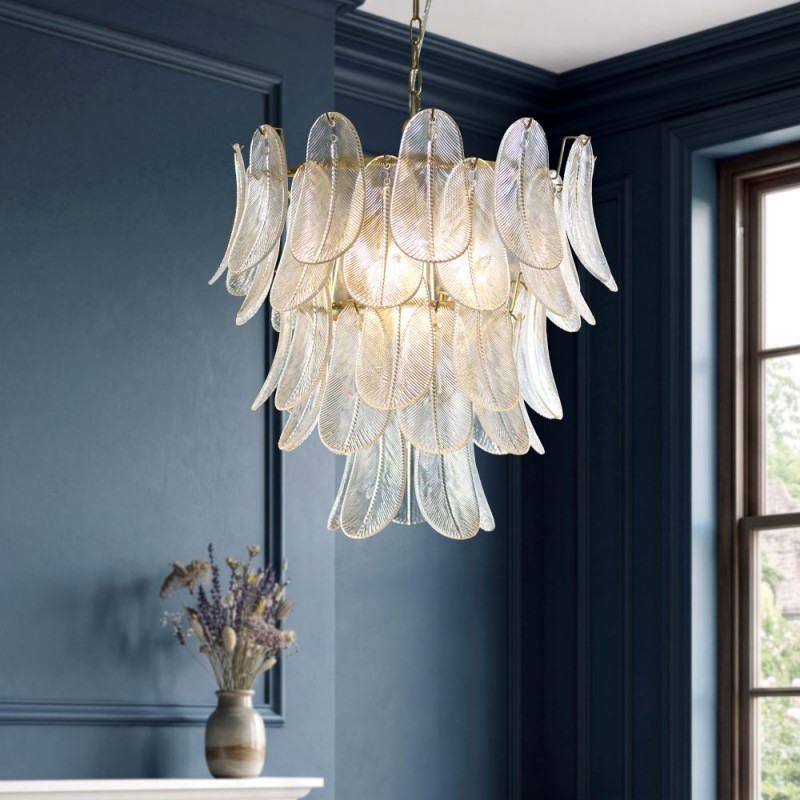 Endon-121771 - Autumn - Brushed Aged Brass 4 Light Centre Fitting with Clear Leaf Glass Panels