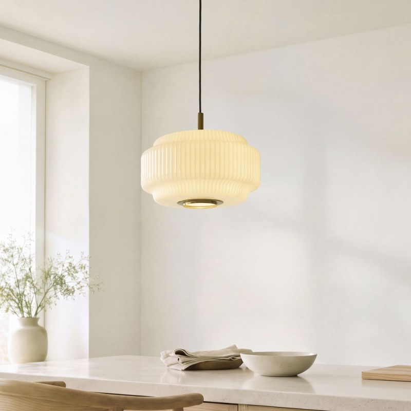 Endon-122052 - Evora - Brushed Aged Brass Pendant with Opal Ribbed Glass ∅ 34 cm