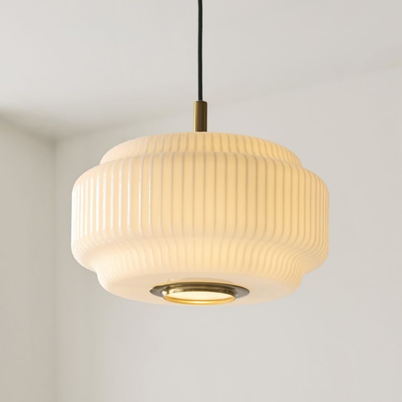 Endon-122052 - Evora - Brushed Aged Brass Pendant with Opal Ribbed Glass ∅ 34 cm