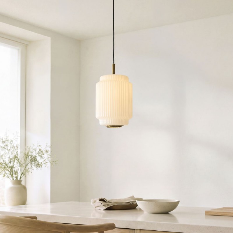 Endon-122054 - Evora - Brushed Aged Brass Pendant with Opal Ribbed Glass ∅ 22 cm
