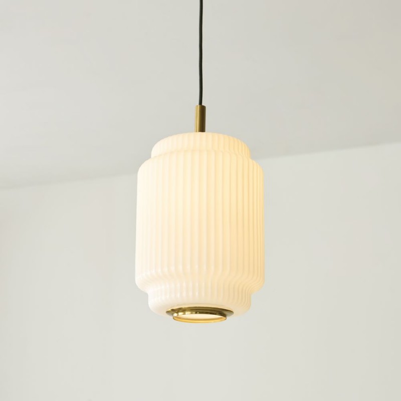 Endon-122054 - Evora - Brushed Aged Brass Pendant with Opal Ribbed Glass ∅ 22 cm